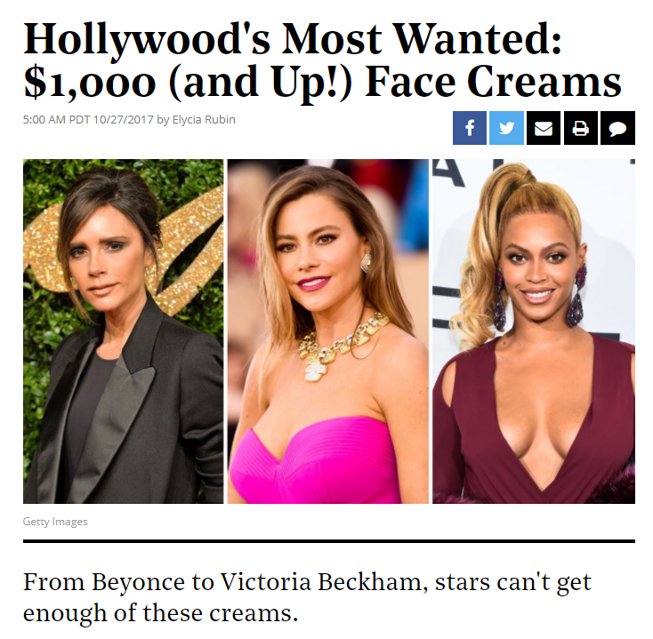 Screenshot of article: Hollywood's Most Wanted: $1,000 (and Up!) Face Creams