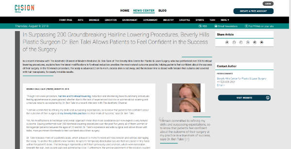 In Surpassing 200 Groundbreaking Hairline Lowering Procedures, Beverly Hills Plastic Surgeon Dr. Ben Talei Allows Patients to Feel Confident in the Success of the Surgery - screenshot of the article