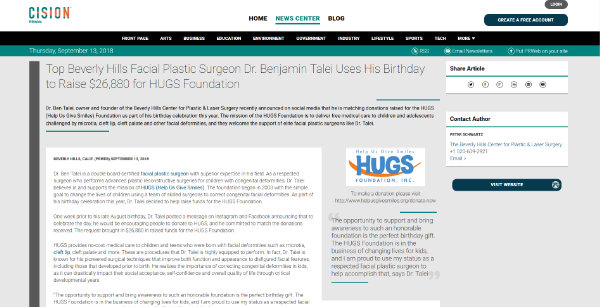 Top Beverly Hills Facial Plastic Surgeon Dr. Benjamin Talei Uses His Birthday to Raise $26,880 for HUGS Foundation - screenshot of the article