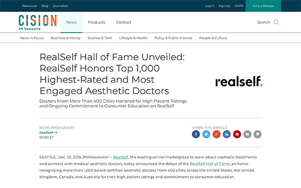 Screenshot of Cision article - RealSelf Honors Top 1,000 Highest-Rated and Most Engaged Aesthetic Doctors.