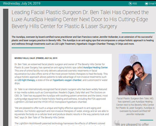 Leading Facial Plastic Surgeon Dr. Ben Talei Has Opened the Luxe AuraSpa Healing Center Next Door to His Cutting-Edge Beverly Hills Center for Plastic & Laser Surgery