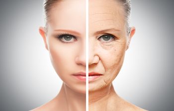 Face of a young woman on the left and her aging face on the left.