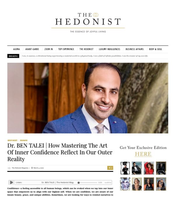 Screenshot of article: Dr. BEN TALEI | How Mastering The Art of Inner Confidence Reflect in Our Outer Reality