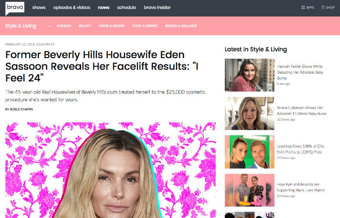 Screenshot of an article - Former Beverly Hills Housewife Eden Sassoon Reveals Her Facelift Results I Feel 24