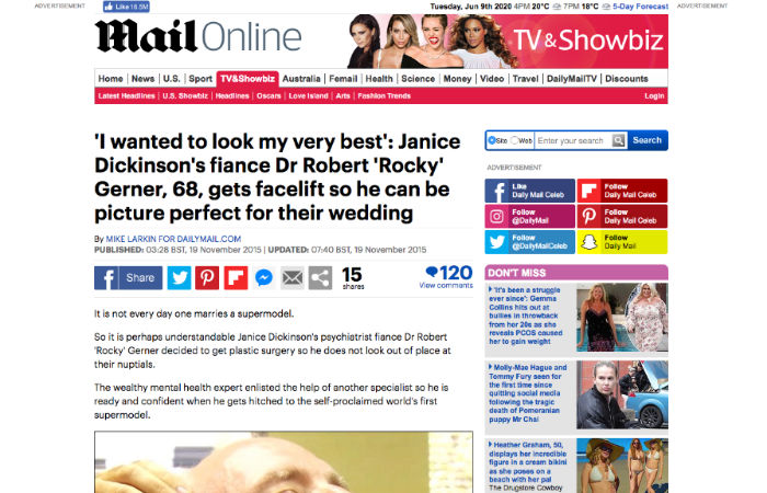 Screenshot of an article - Janice Dickinson's elderly fiance gets pre-wedding facelift