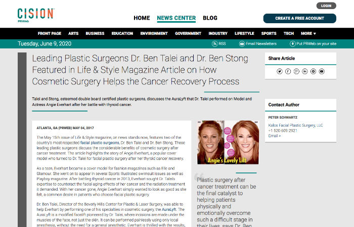 Screenshot of an article Leading Plastic Surgeons Dr. Ben Talei and Dr. Ben Stong Featured in Life & Style Magazine Article on How Cosmetic Surgery Helps the Cancer Recovery Process