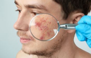 A young man having acne scars examined by a cosmetic surgeon in Beverly Hills, CA.