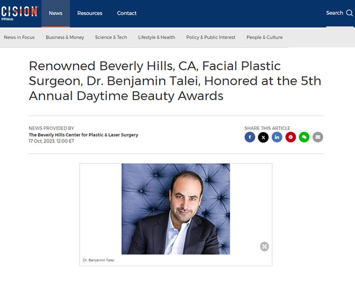 Screenshot of an article titled: Renowned Beverly Hills, CA, Facial Plastic Surgeon, Dr. Benjamin Talei, Honored at the 5th Annual Daytime Beauty Awards